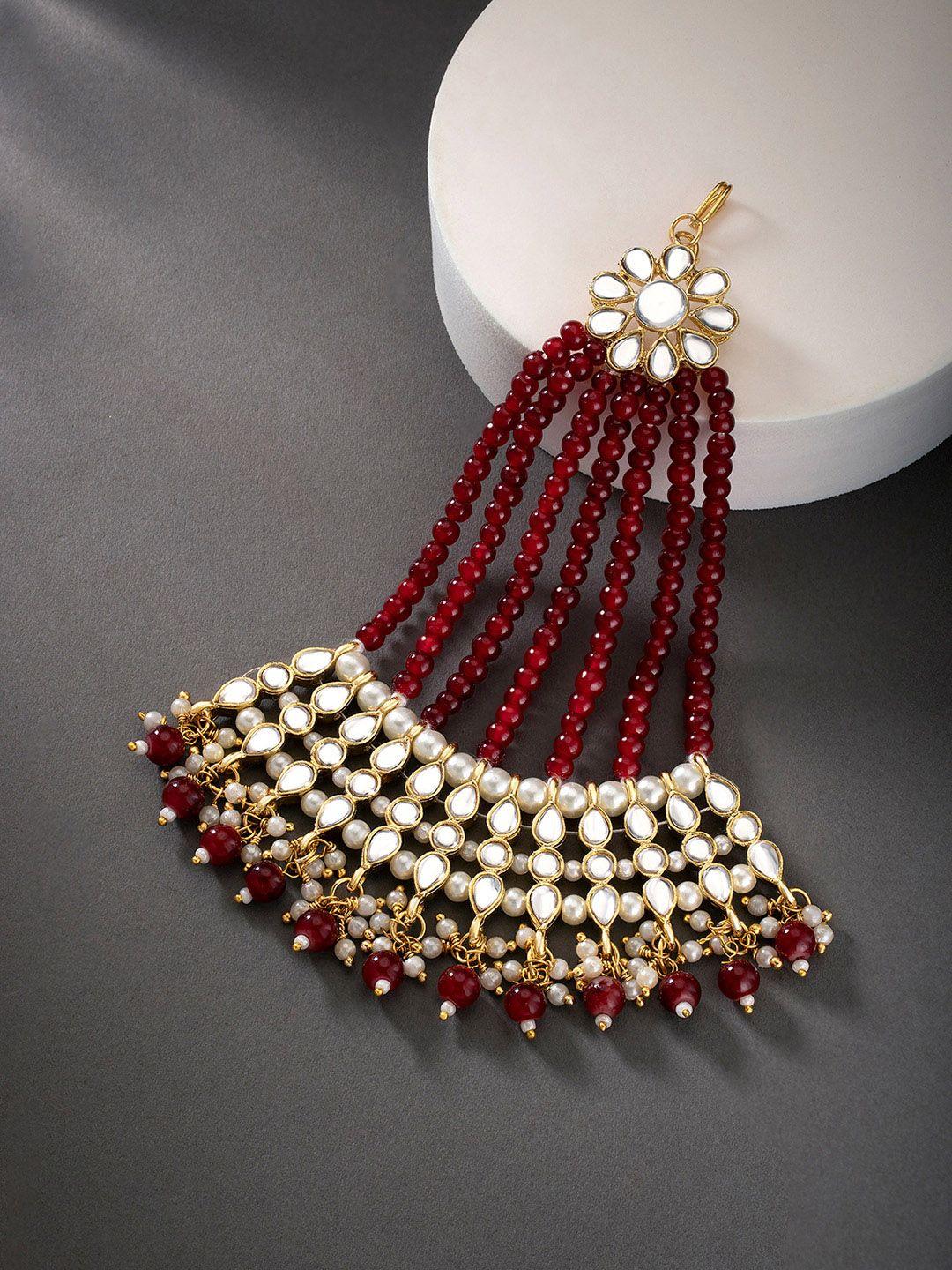 peora maroon & gold-plated kundan pearl studded & beaded jhumar passa jewellery