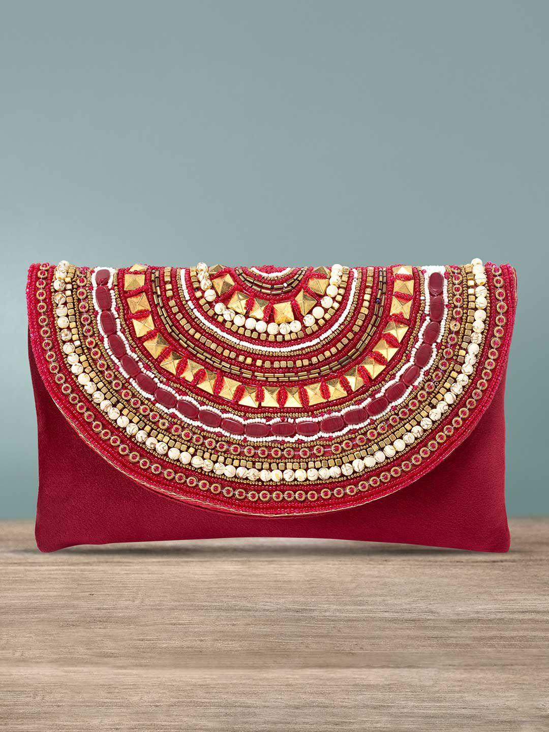 peora maroon & gold-toned embellished purse clutch