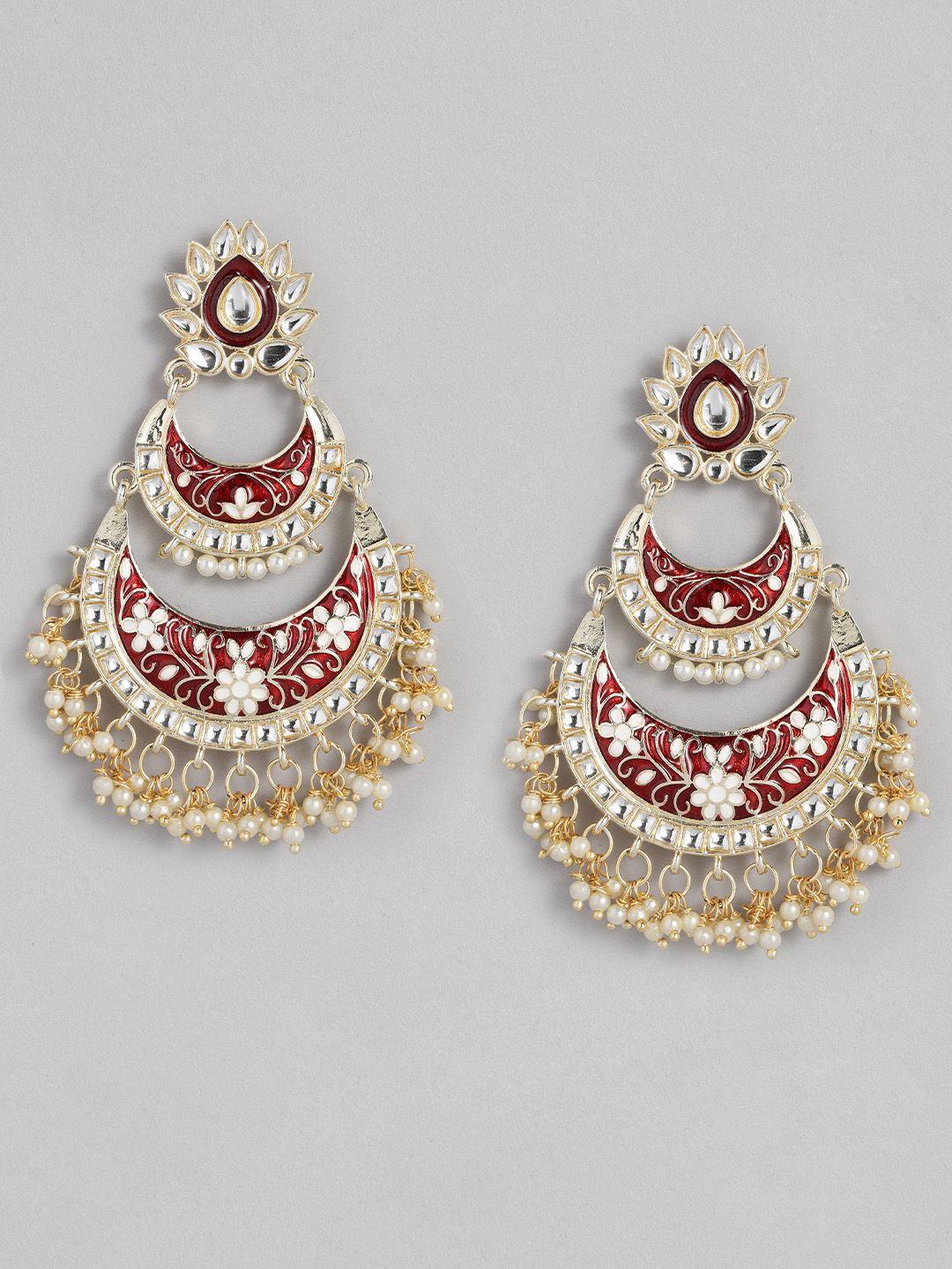 peora maroon & off white gold-plated kundan studded & beaded crescent shaped chandbalis