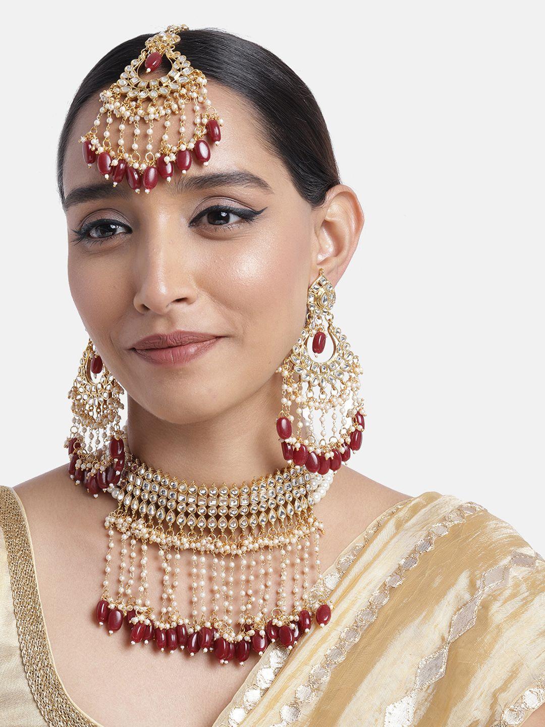 peora maroon & white gold plated kundan pearl drop choker necklace jewellery set