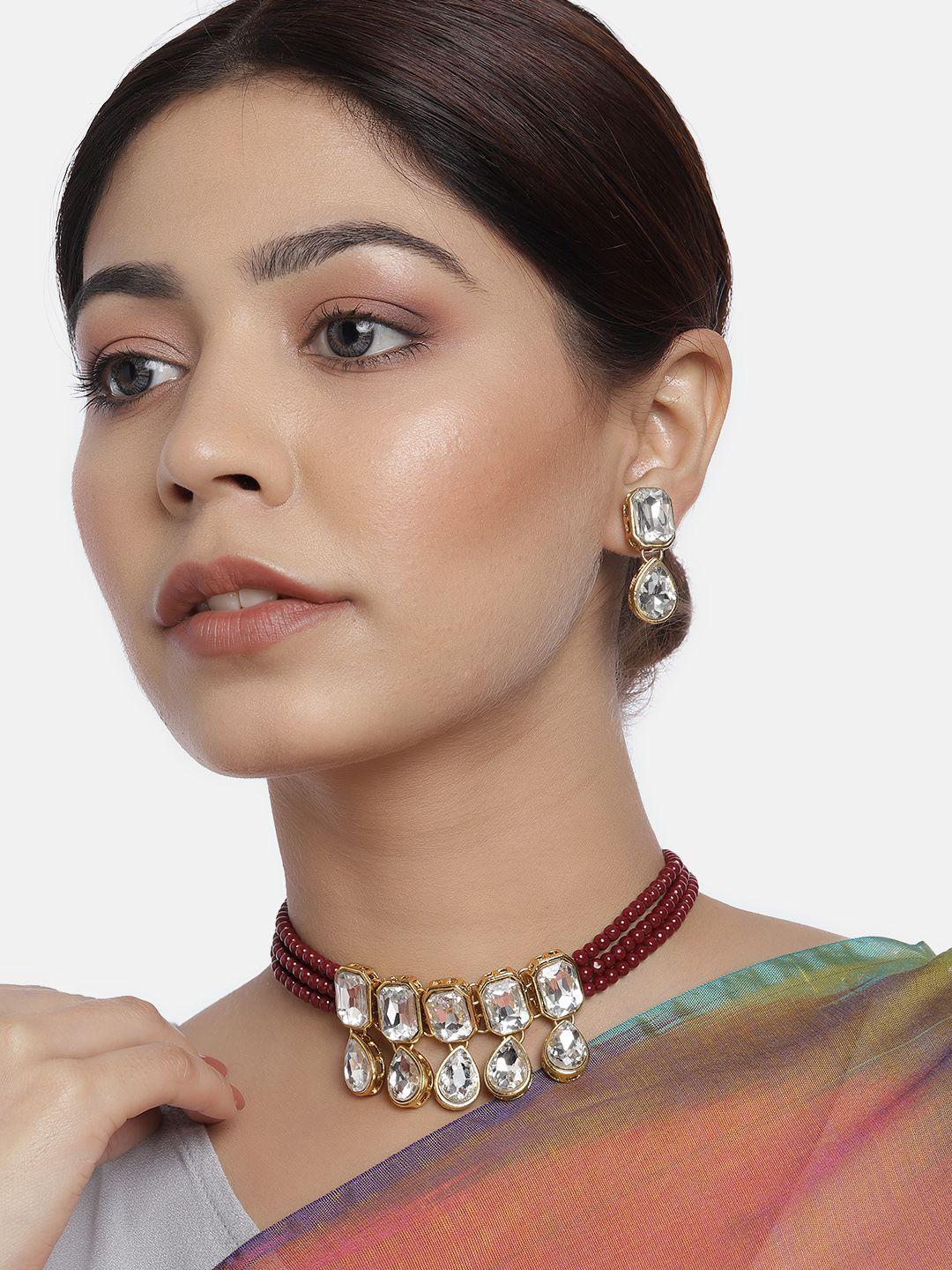 peora maroon gold-plated crystal studded choker necklace with earrings jewellery set