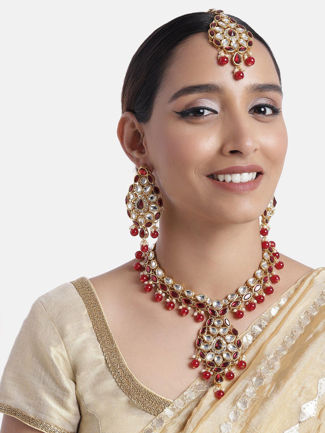 peora maroon gold plated kundan studded choker necklace set