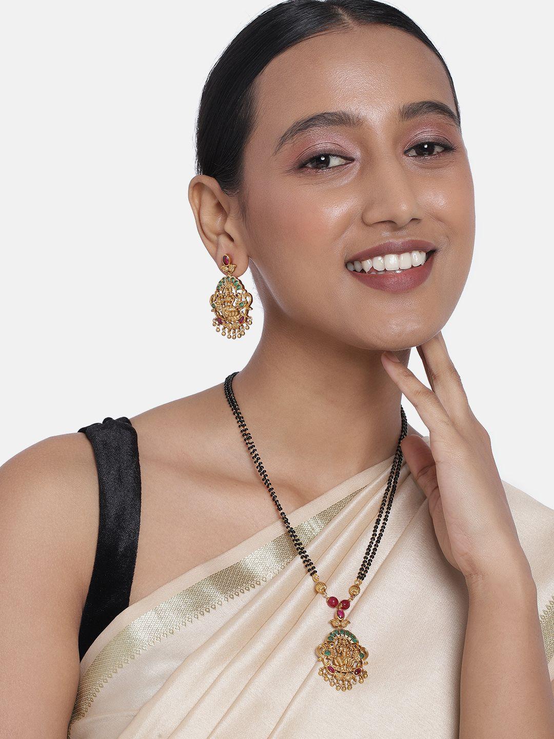 peora matte gold plated & black beaded mangalsutra with earrings
