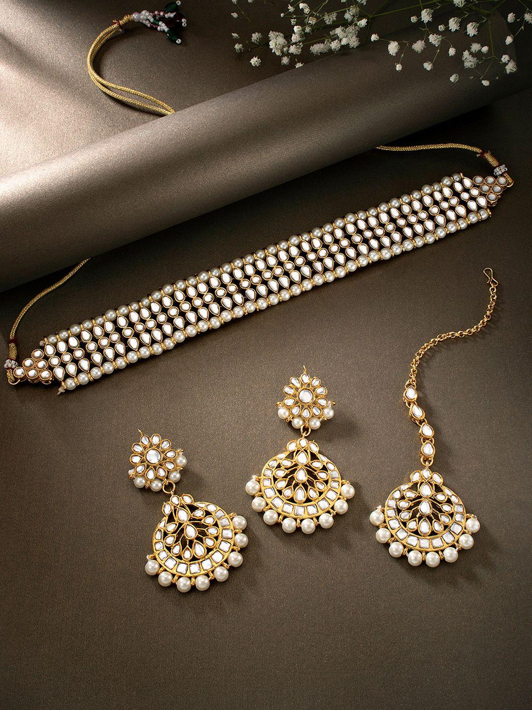 peora off-white gold-plated kundan & pearl studded jewellery set