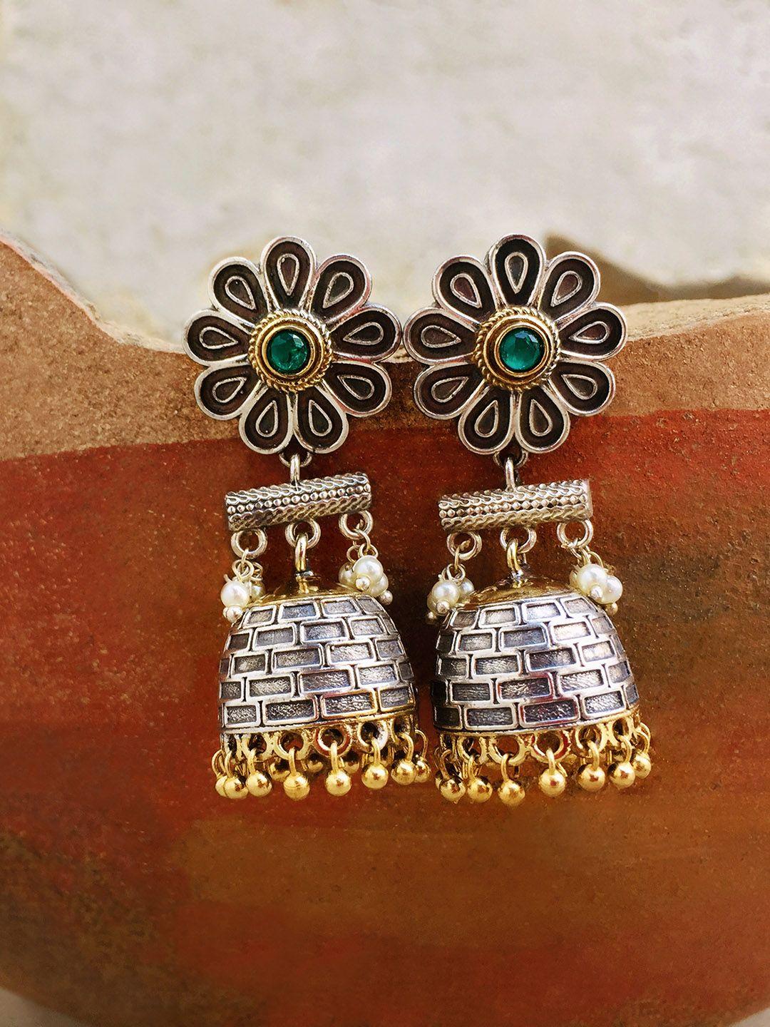 peora oxidised silver plated green dome shaped jhumkas earrings