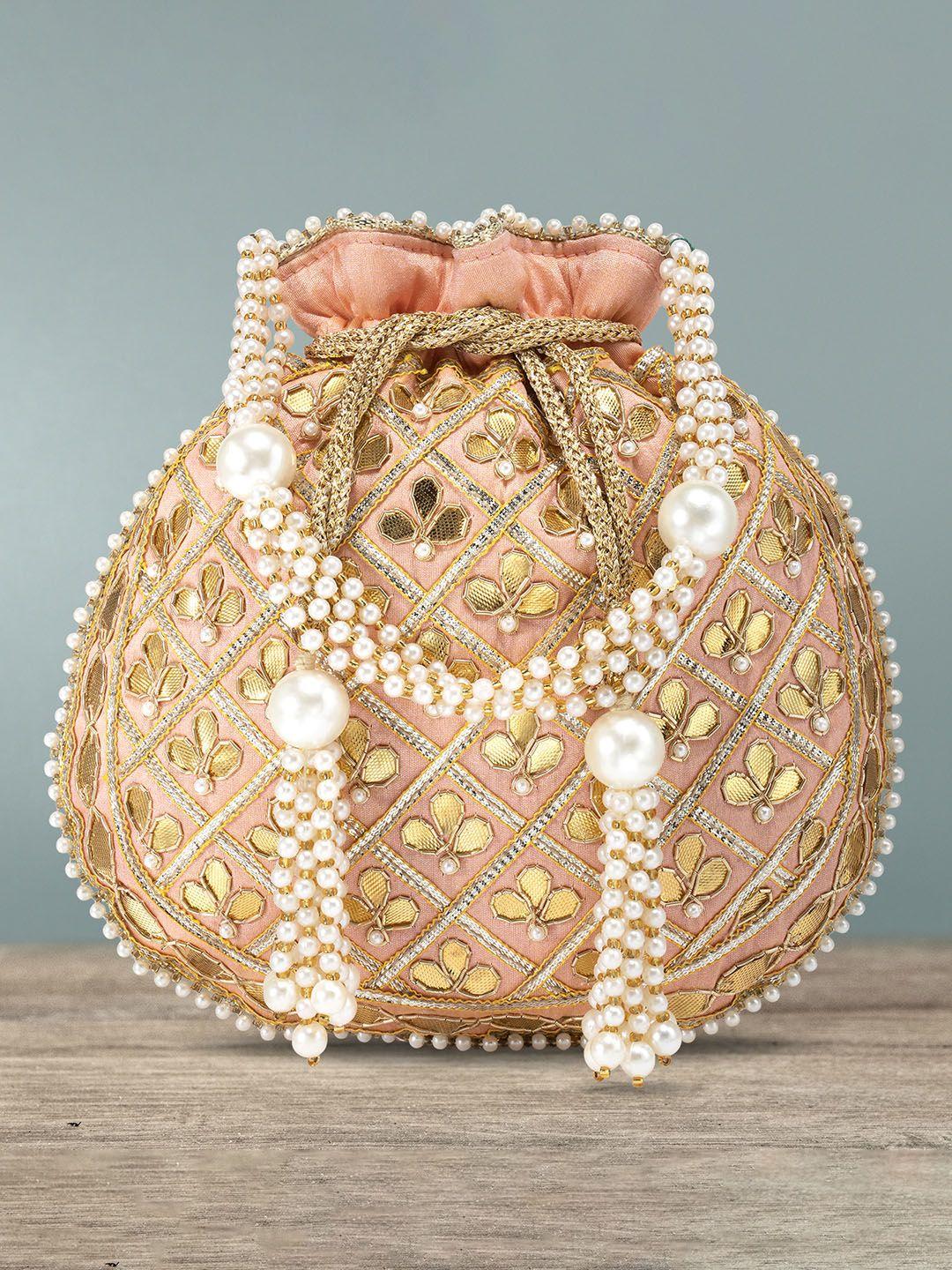 peora peach-coloured & gold-toned embellished potli clutch