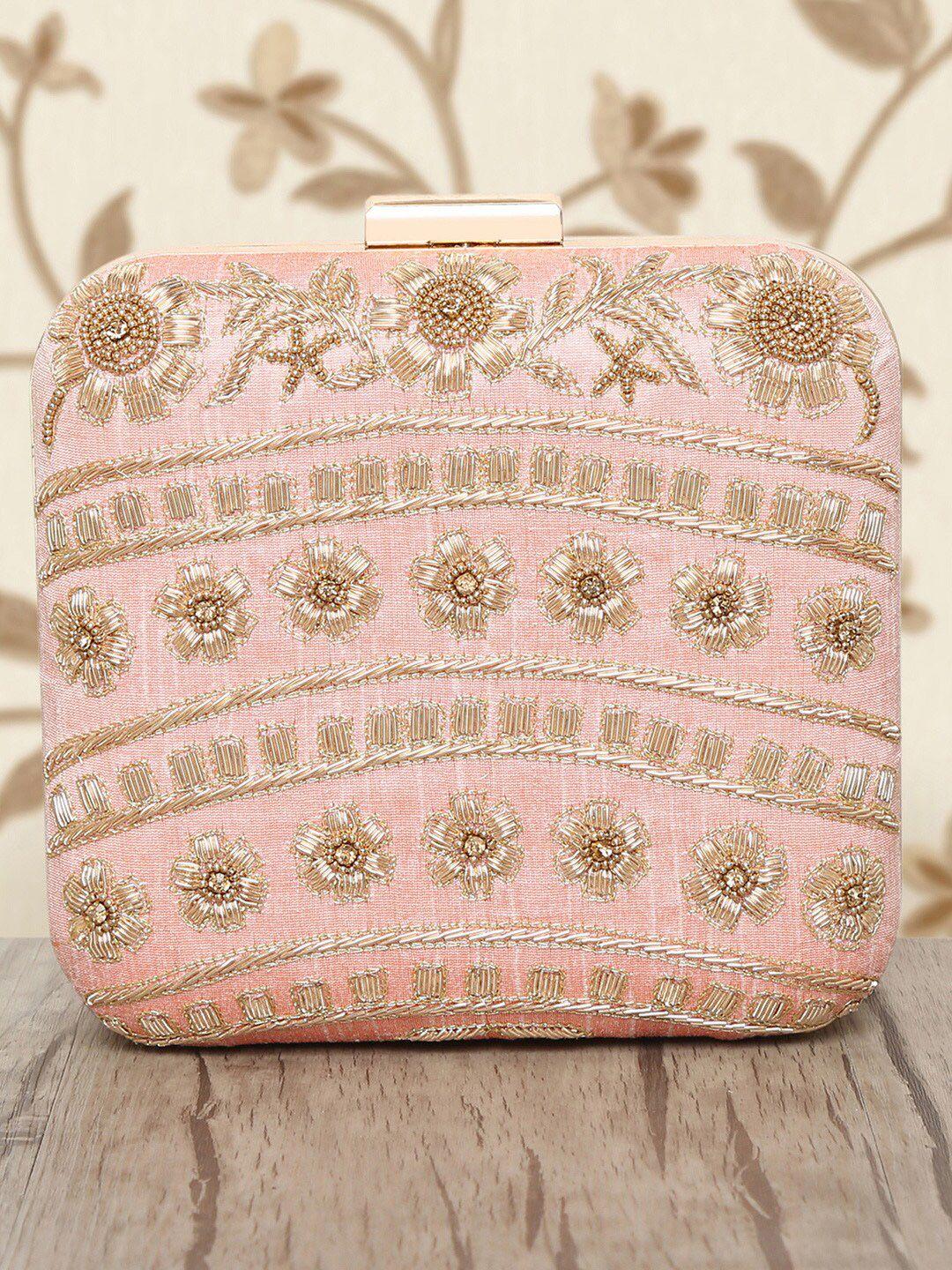 peora peach-coloured & gold-toned embellished purse clutch