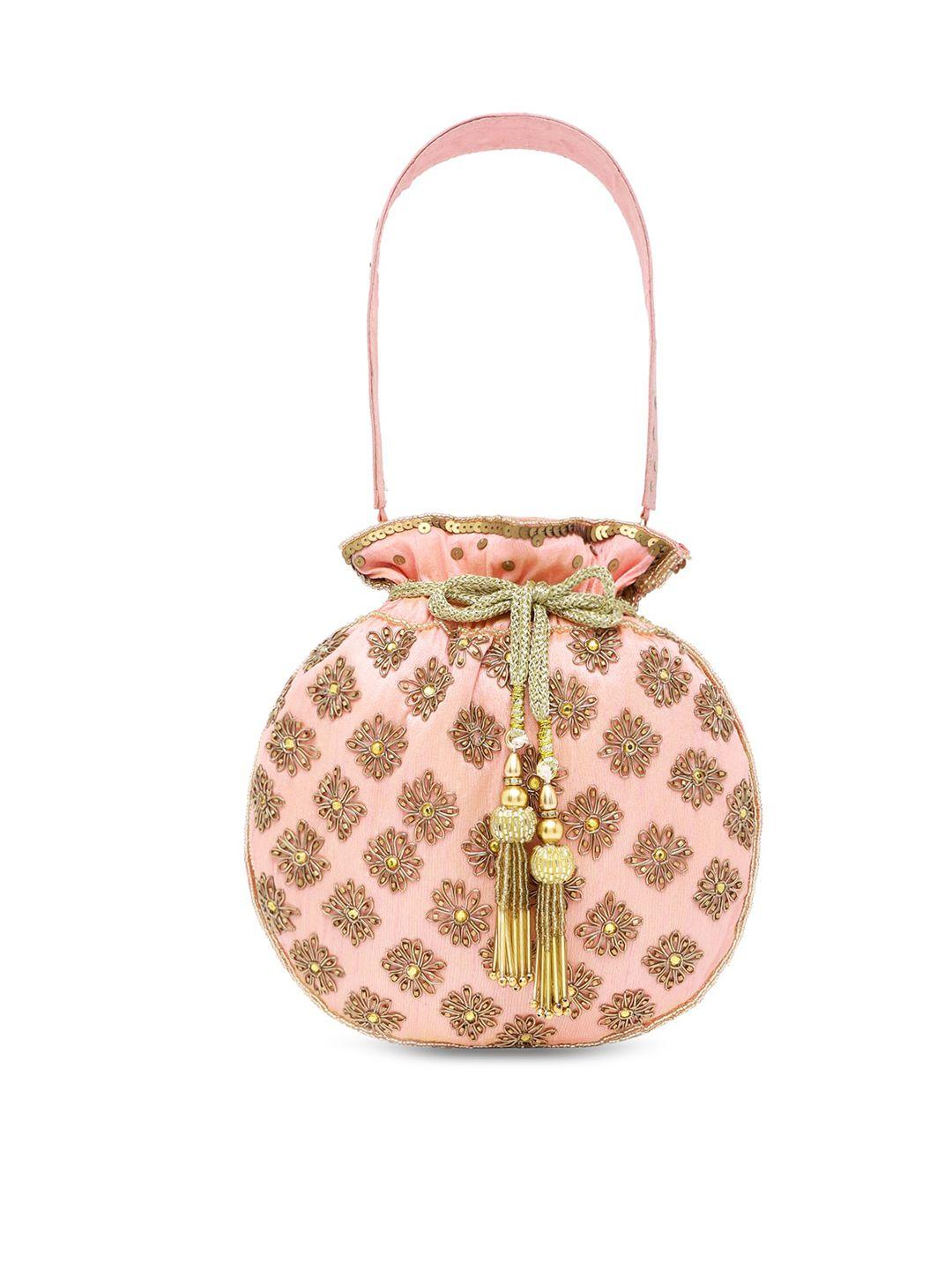peora peach-coloured & gold-toned embroidered potli clutch