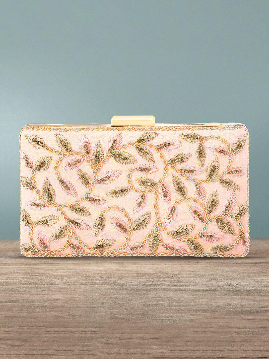 peora peach-coloured & gold-toned embroidered purse clutch