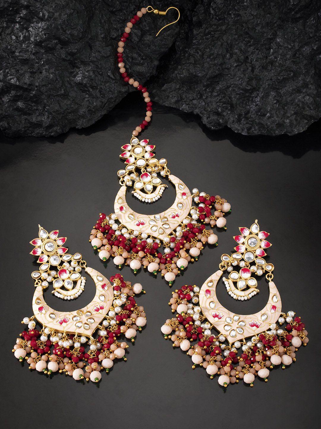 peora peach-coloured & red gold-plated meenakari embellished jewellery set