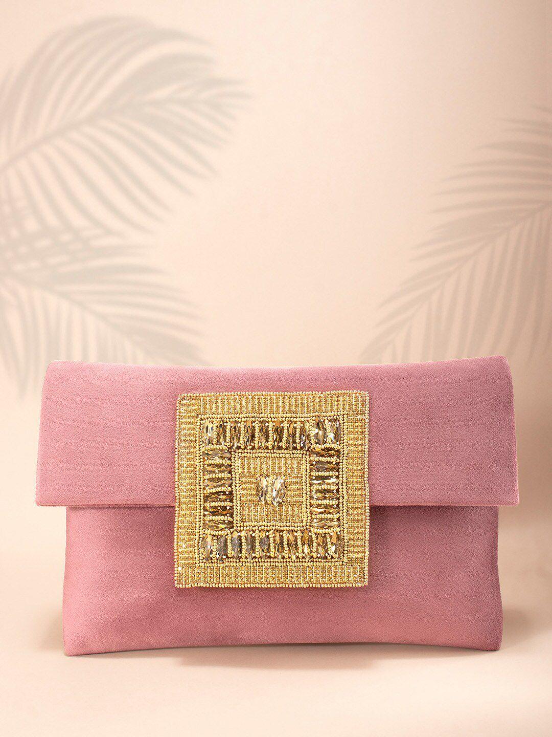 peora pink & gold-toned embellished handmade envelope clutch