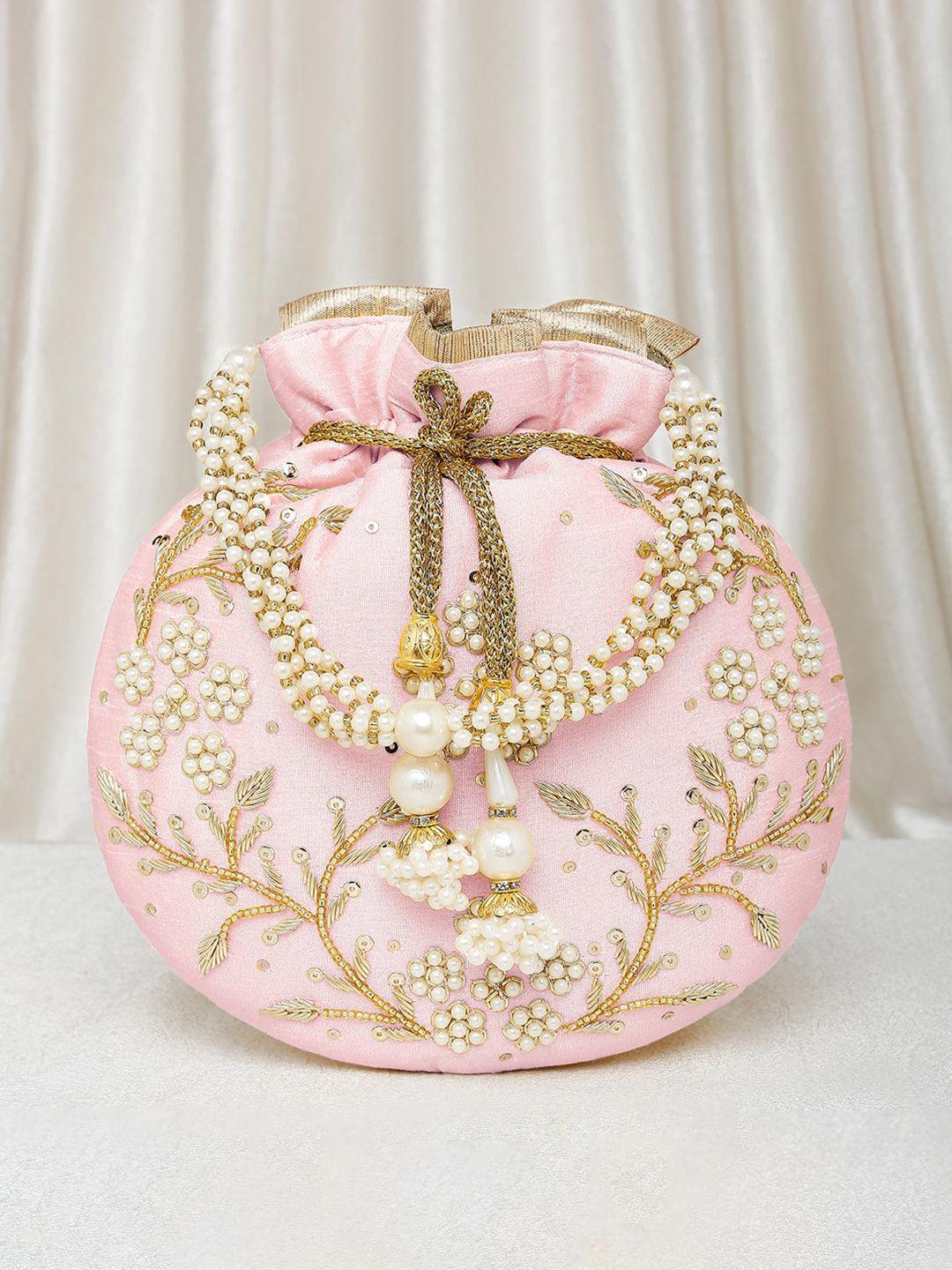 peora pink & gold-toned embellished potli clutch