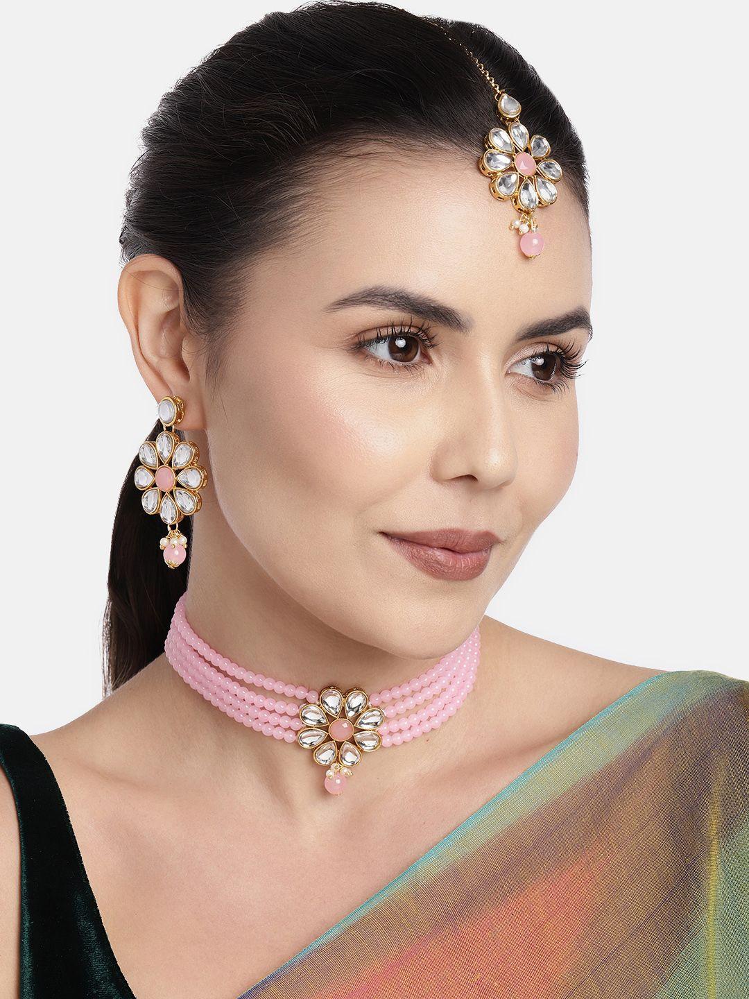 peora pink & white floral studded gold plated choker jewellery set