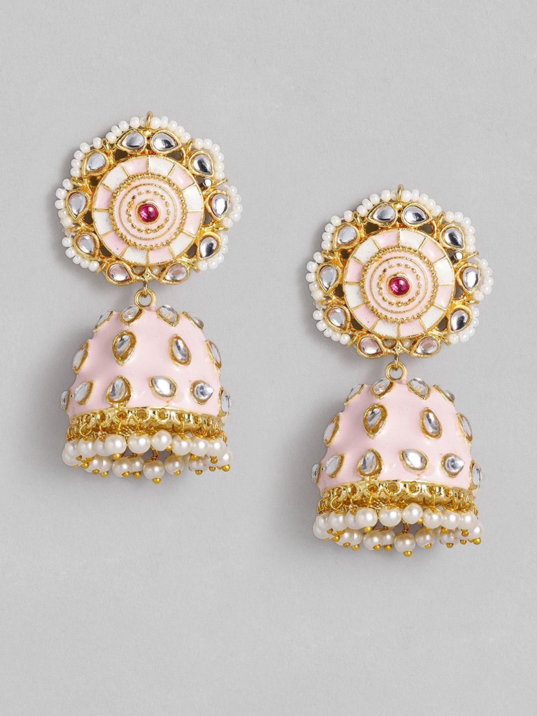 peora pink & white gold plated dome shaped enamelled jhumkas