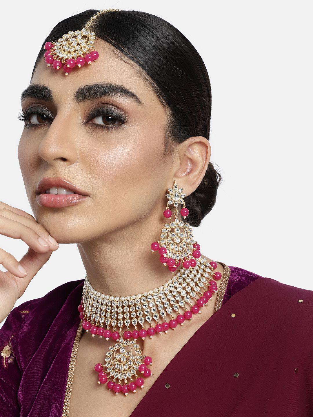 peora pink & white gold-plated kundan & beaded choker necklace with earring & maang tika