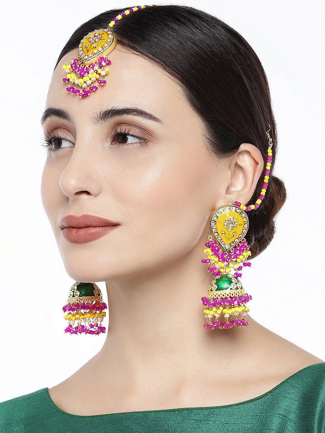 peora pink & yellow meenakari enamlled gold-plated jewellery set