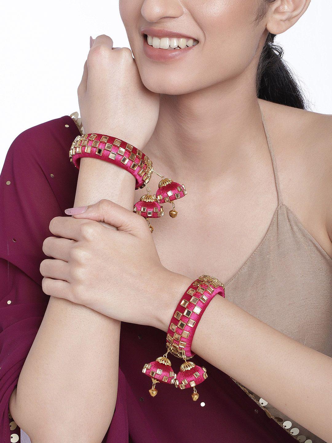 peora pink gold-plated set of 2 handcrafted silk thread kundan studded bangles