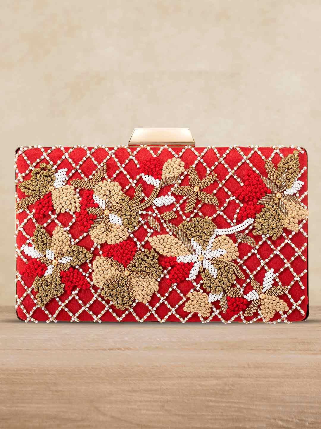 peora red & gold-toned embellished box clutch