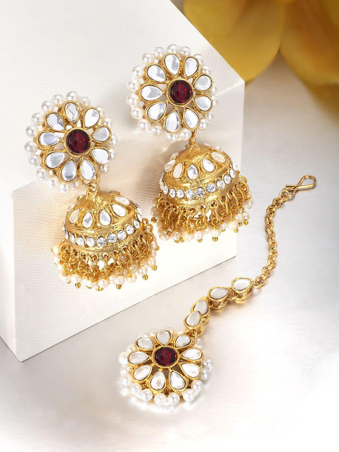 peora red gold-plated kundan studded jewellery set