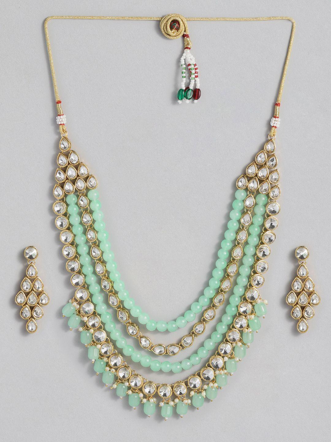 peora sea green gold-plated kundan studded jewellery set