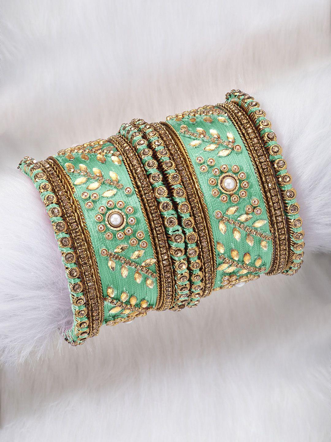 peora set of 10 gold-plated & green silk thread handcrafted kundan bangles
