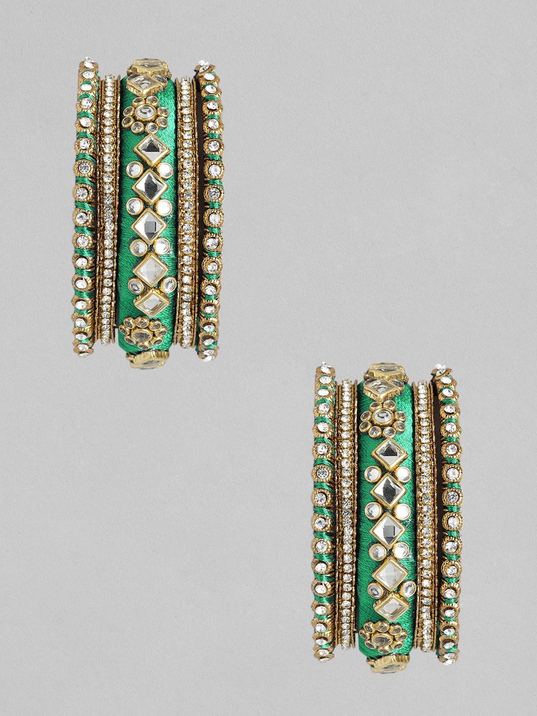 peora set of 10 green gold-plated stone studded silk thread bangles