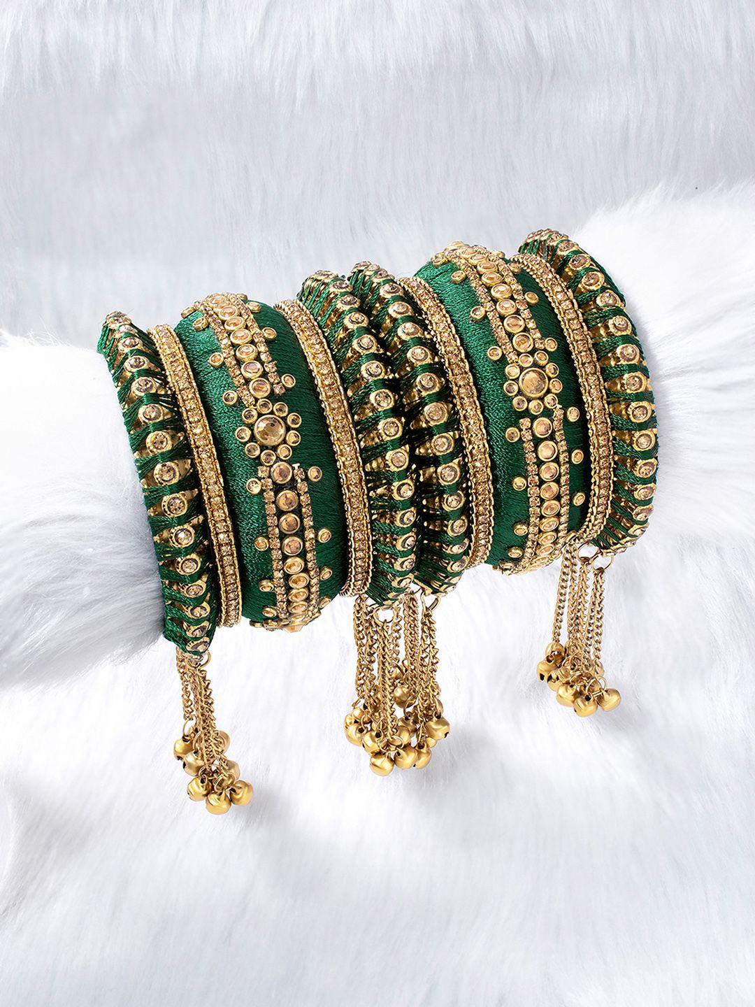 peora set of 10 green handcrafted silk thread kundan floral studded chuda bangles