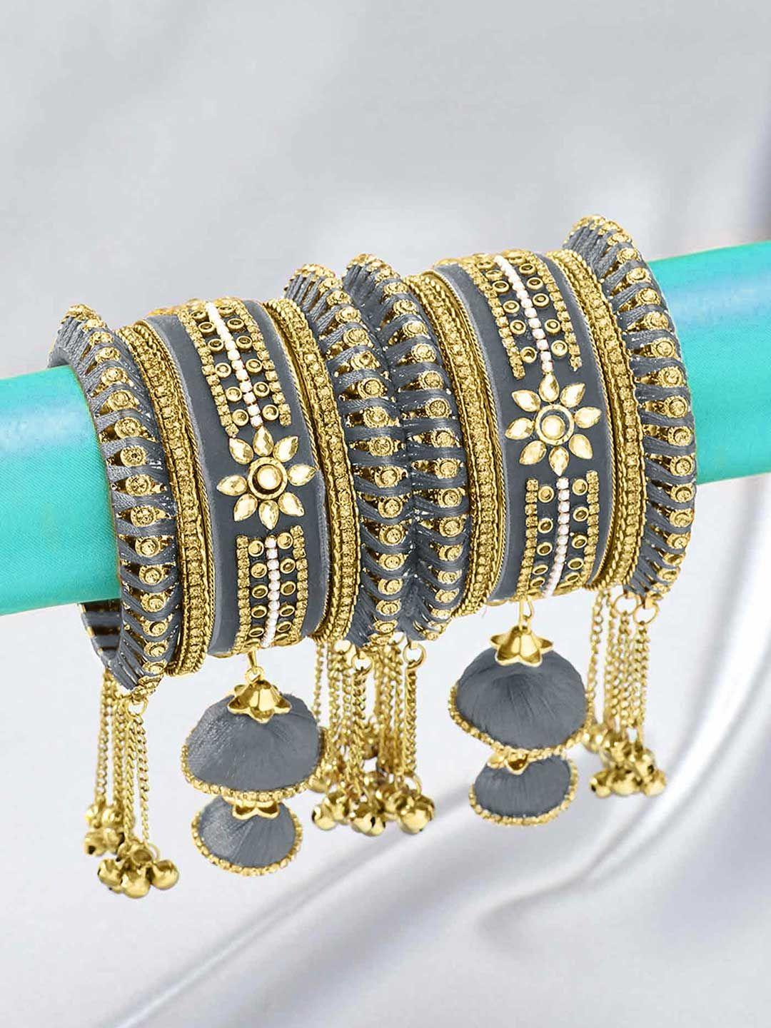 peora set of 10 grey & gold-plated designer silk thread bridal chuda bangles