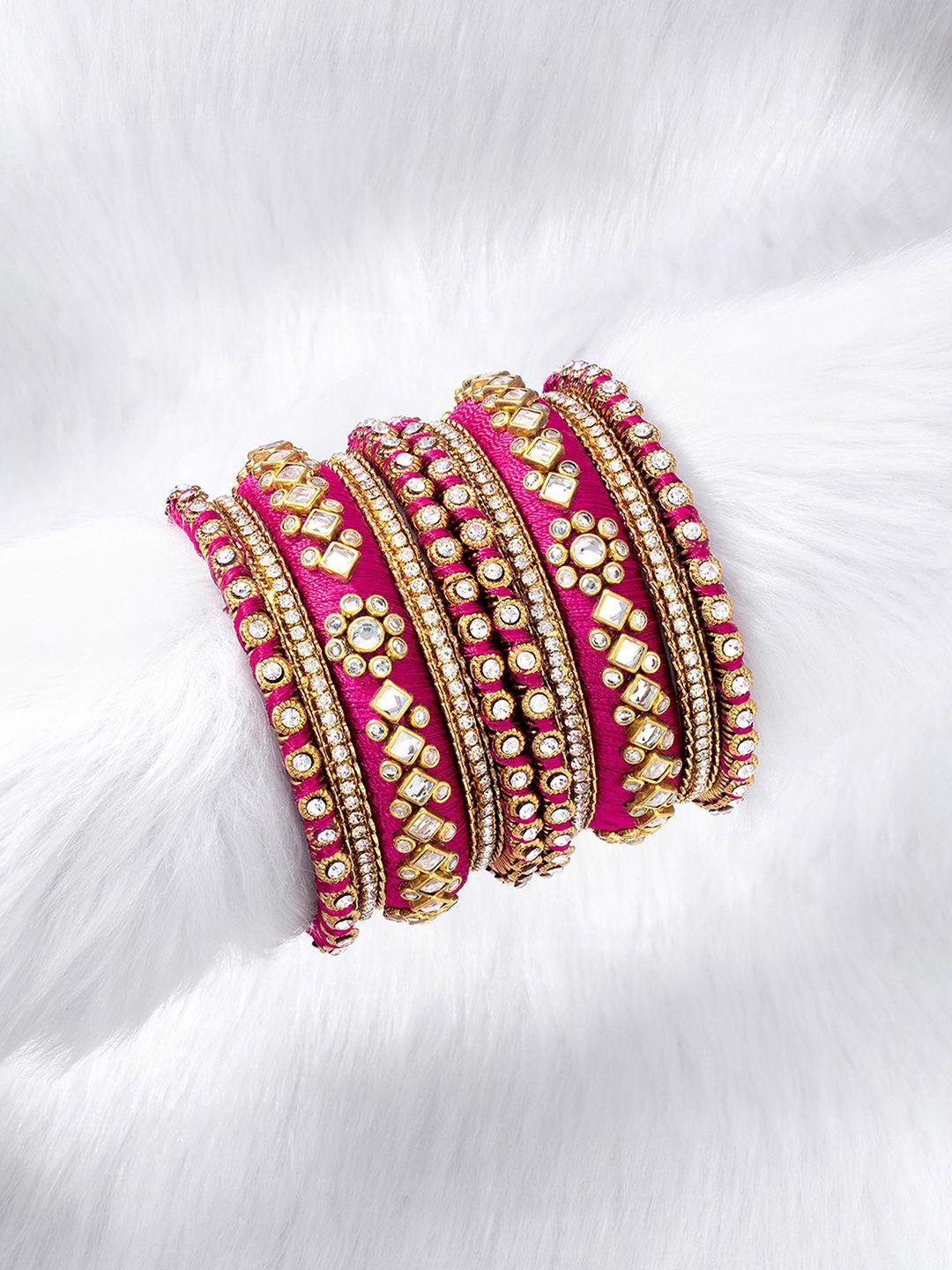 peora set of 10 pink gold-plated stone studded silk thread bangles