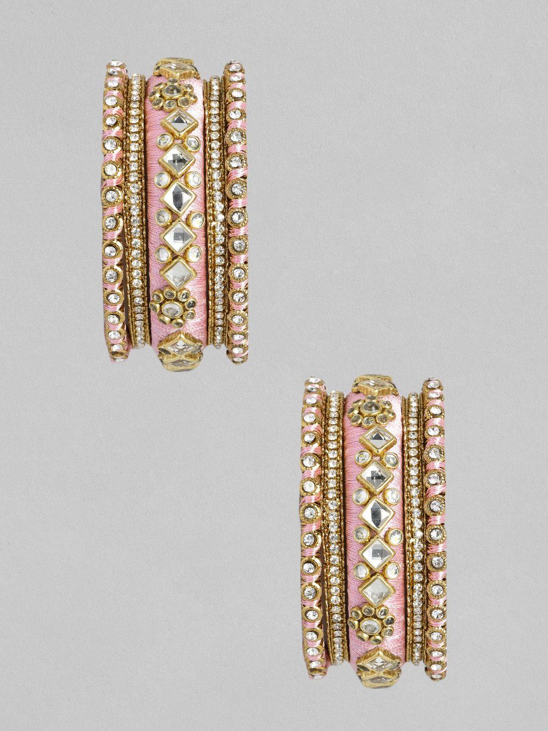 peora set of 10 pink gold-plated stone studded silk thread bangles