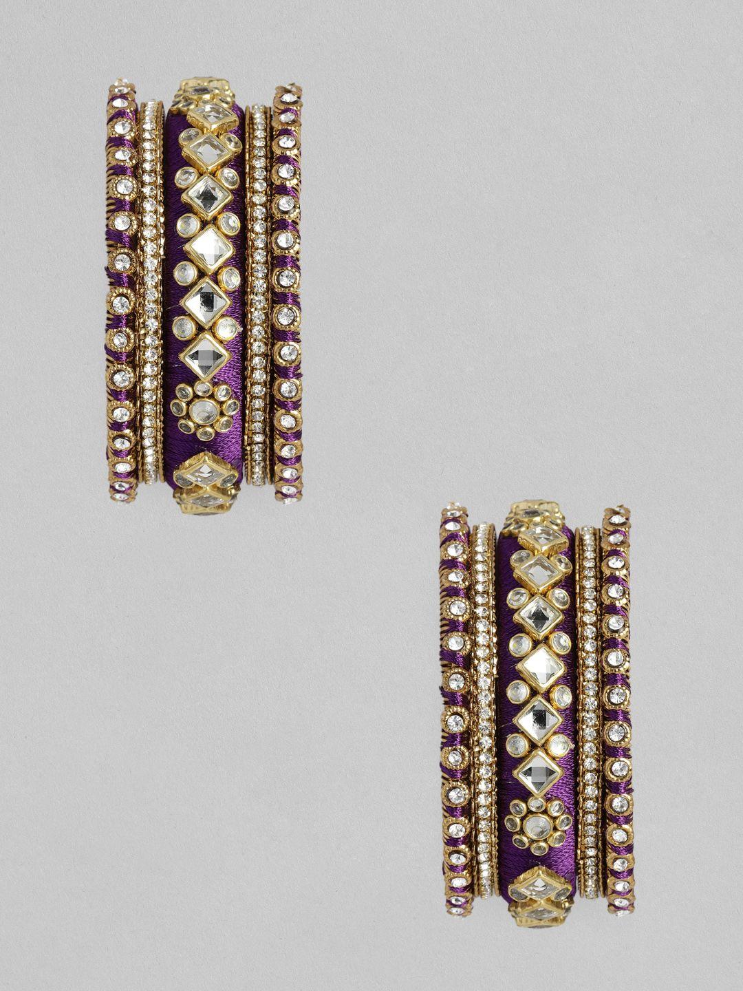 peora set of 10 purple gold-plated stone studded silk thread bangle