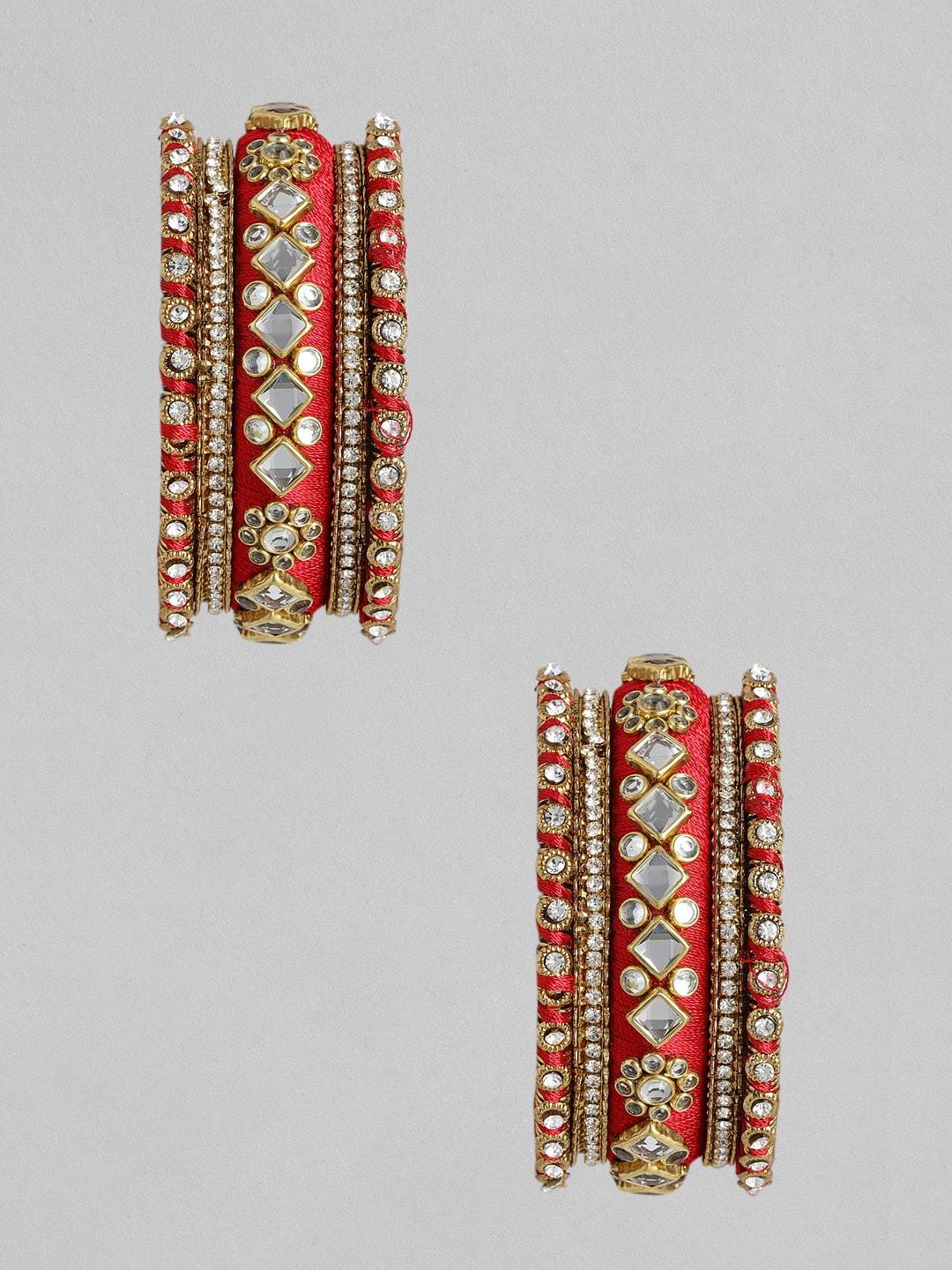 peora set of 2 red gold-plated stone studded silk thread bangles