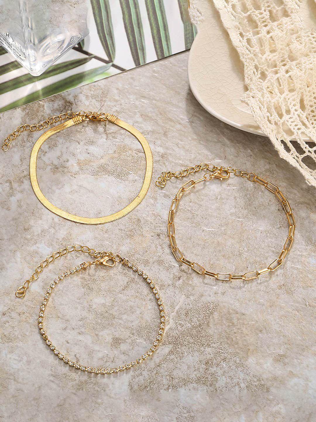peora set of 3 gold-plated stones-studded designed anklets