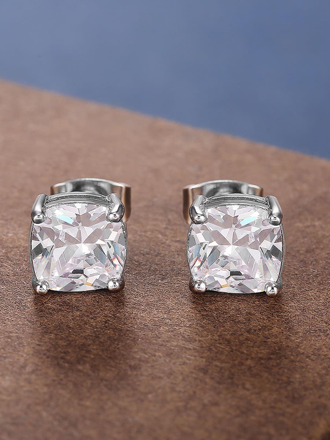 peora silver-plated square shaped american diamond studded studs earrings