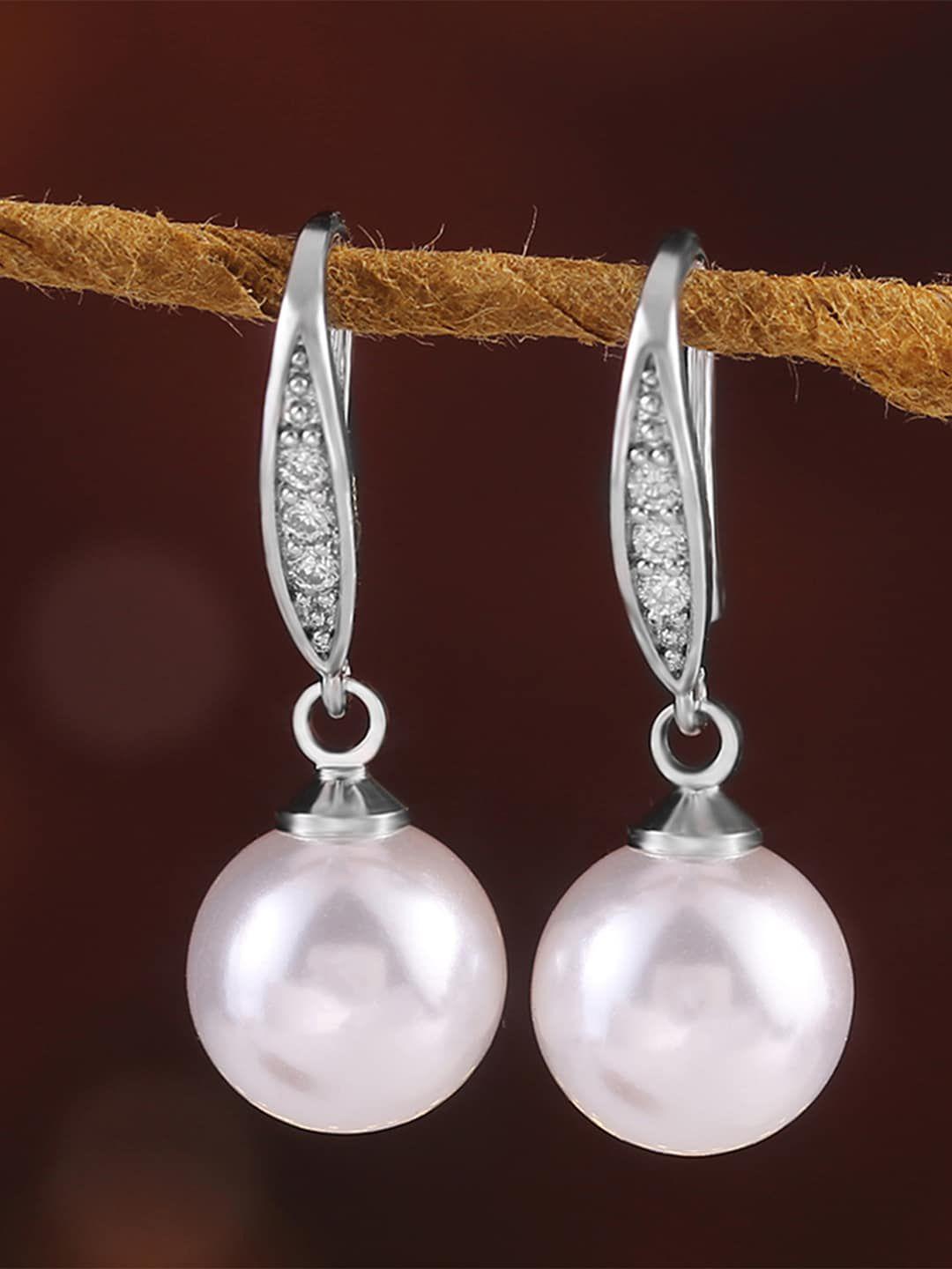 peora silver-plated stone-studded & beaded contemporary drop earrings