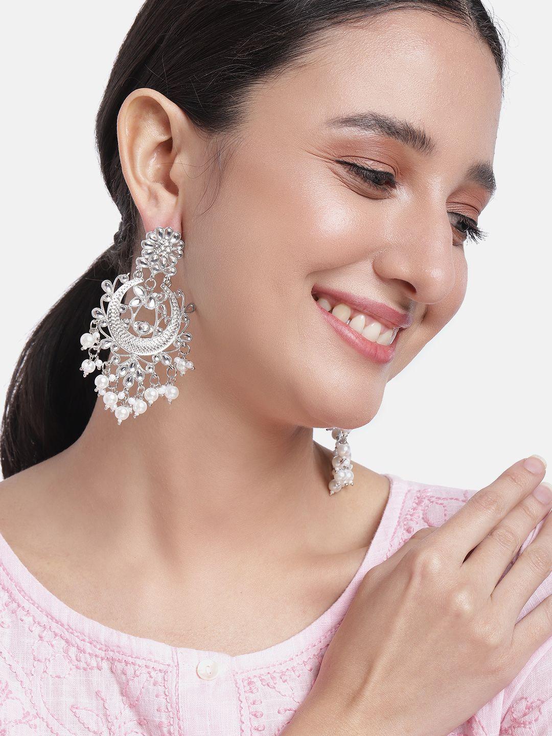 peora silver-toned classic stone studded & beaded chandbalis earrings