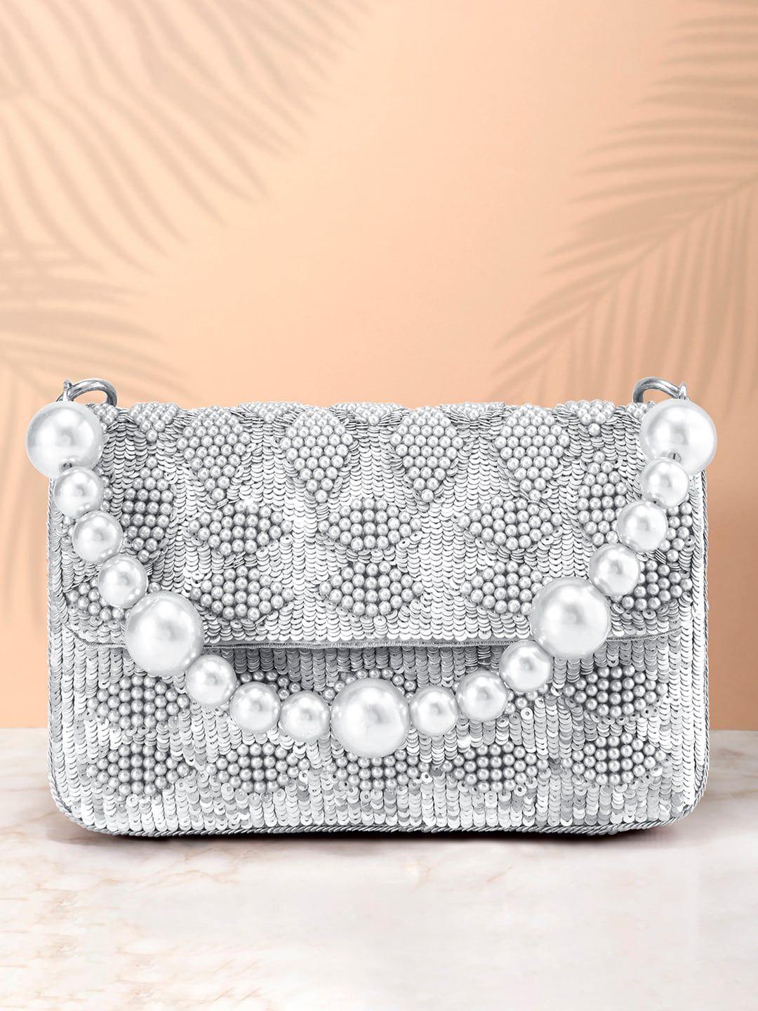 peora silver-toned embellished embroidered purse clutch