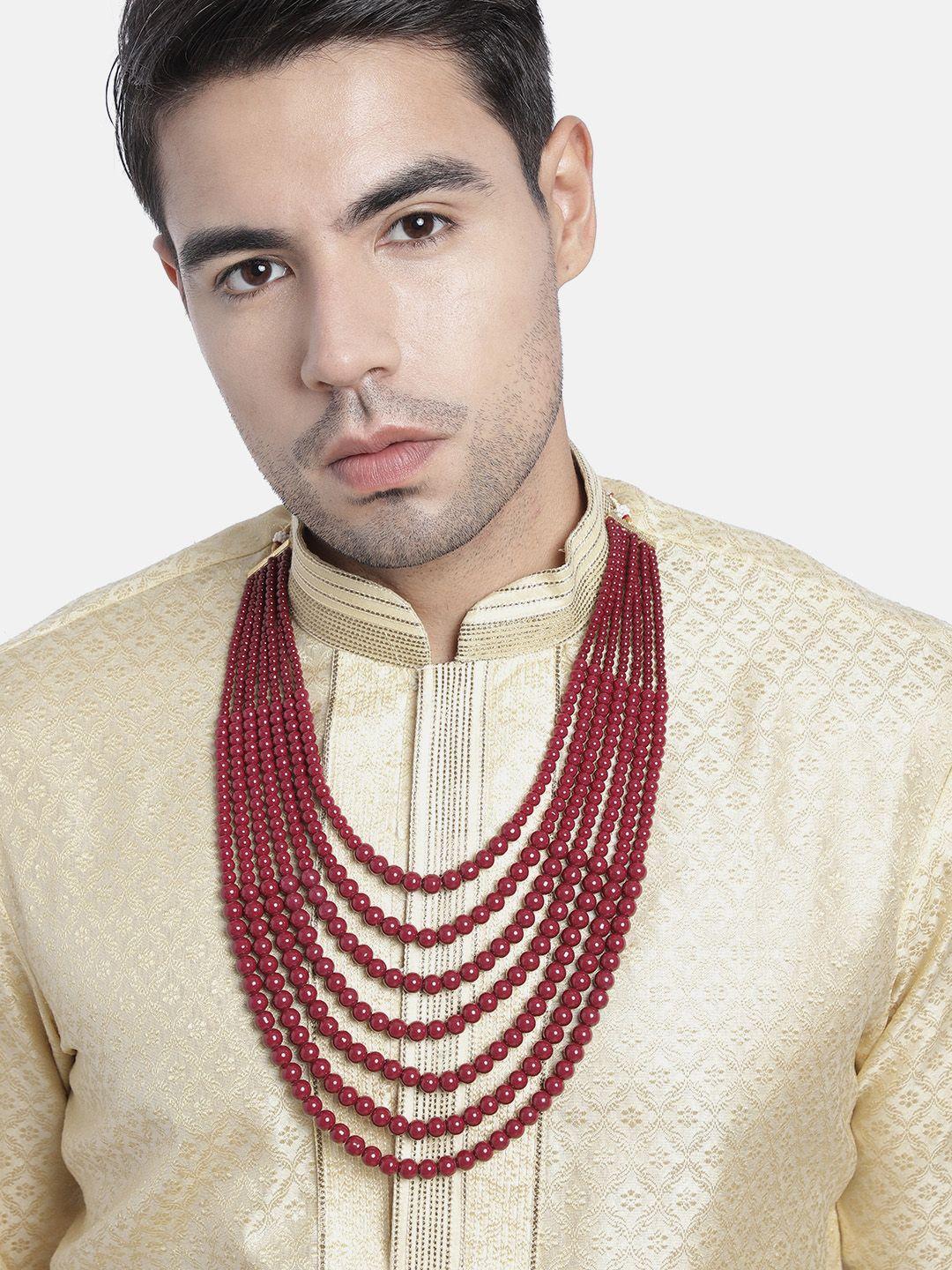 peora unisex maroon & gold-plated beaded layered necklace