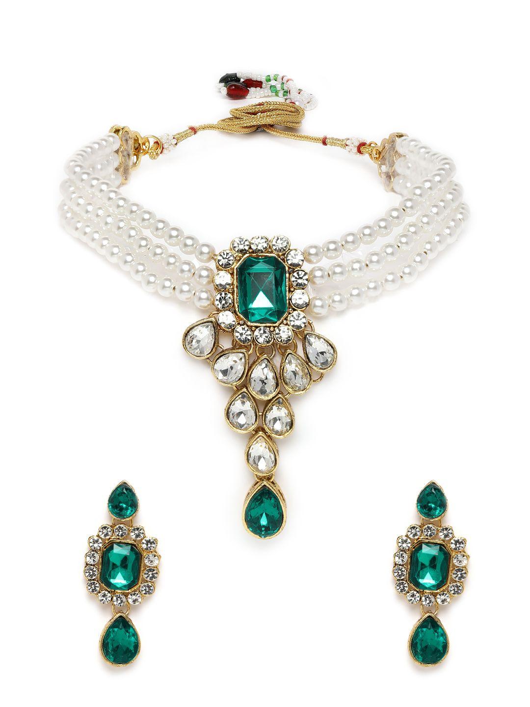 peora white & green gold-plated crystal studded handcrafted jewellery set