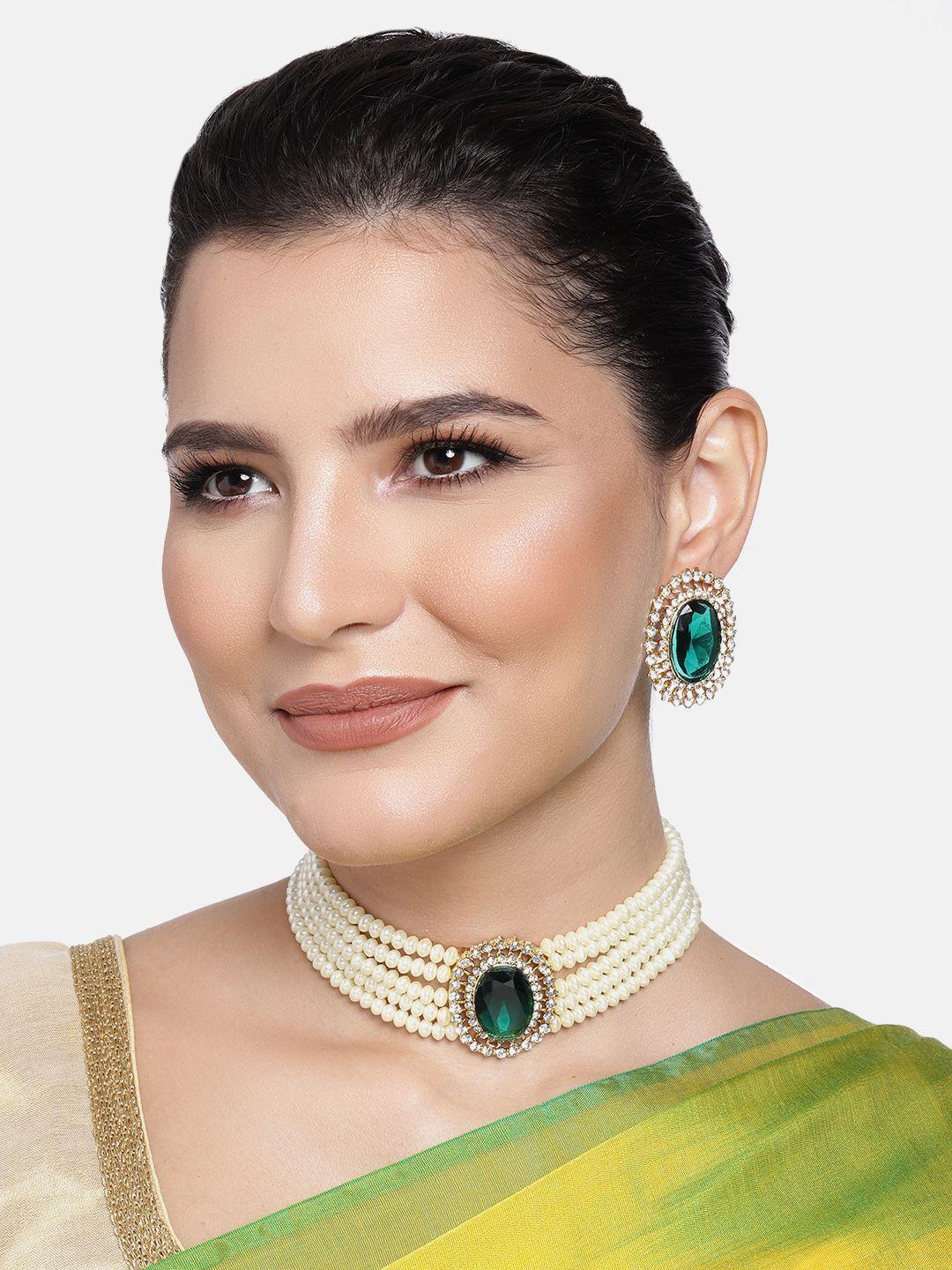 peora white & green gold-plated handcrafted beaded jewellery set