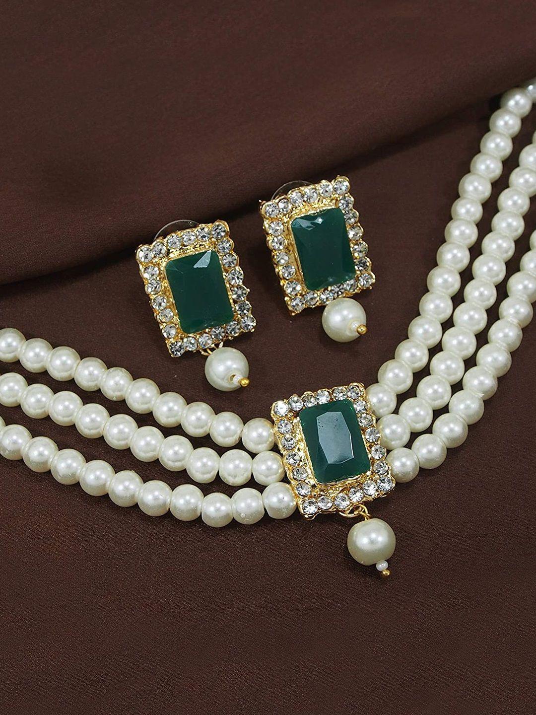 peora white & green gold plated kundan jadau jewellery set