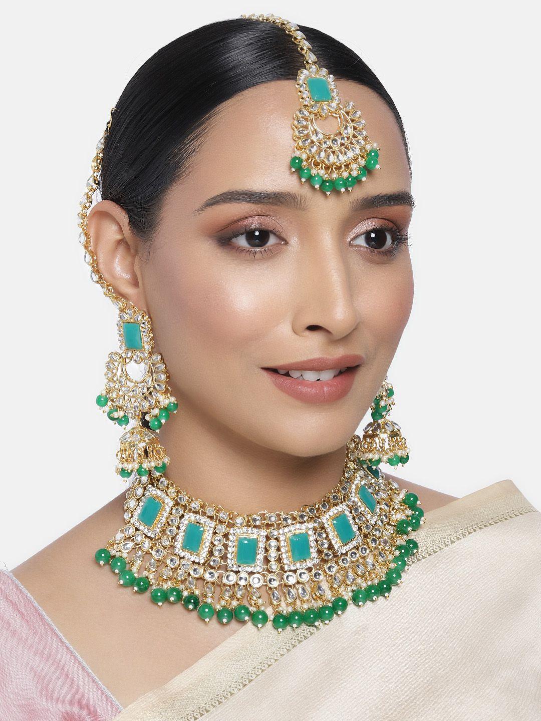 peora white & green gold-plated rani padmavati studded choker jewellery set