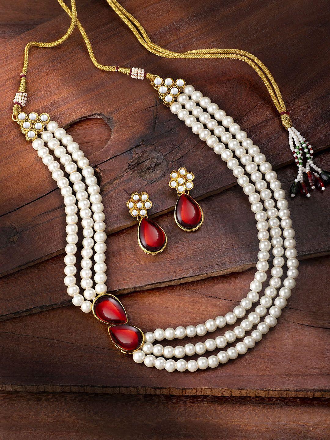 peora white & maroon gold-plated beaded layered handcrafted jewellery set