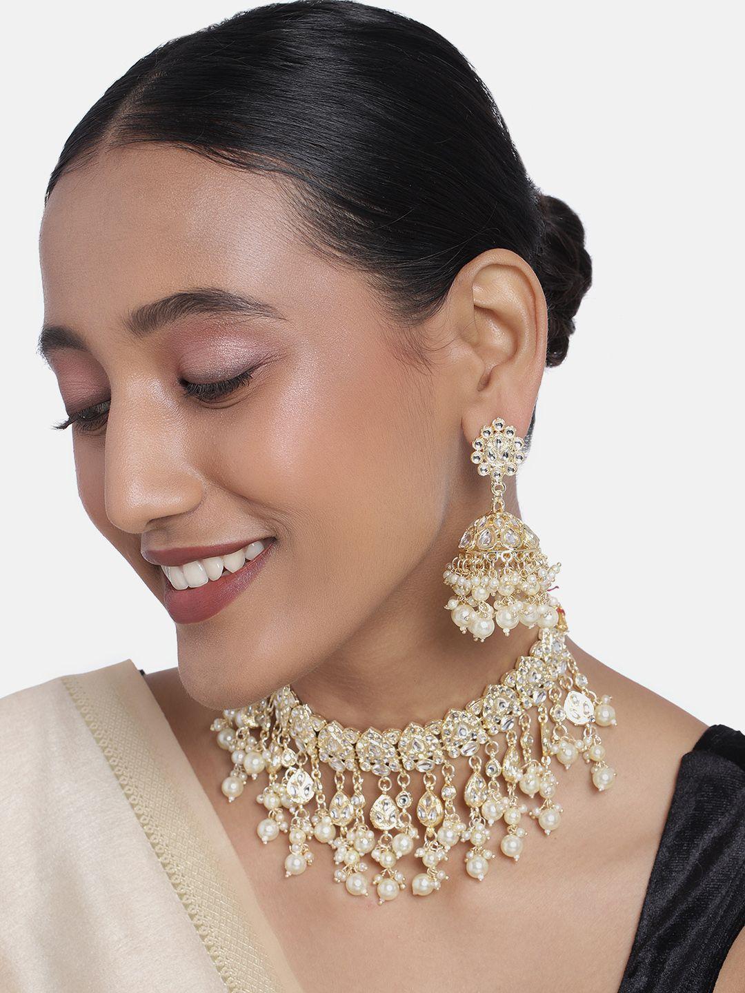 peora white gold-plated kundan & pearl jewellery set