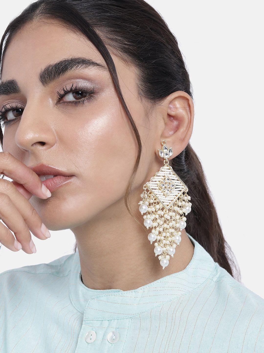 peora white gold plated white design ethnic dangler earrings