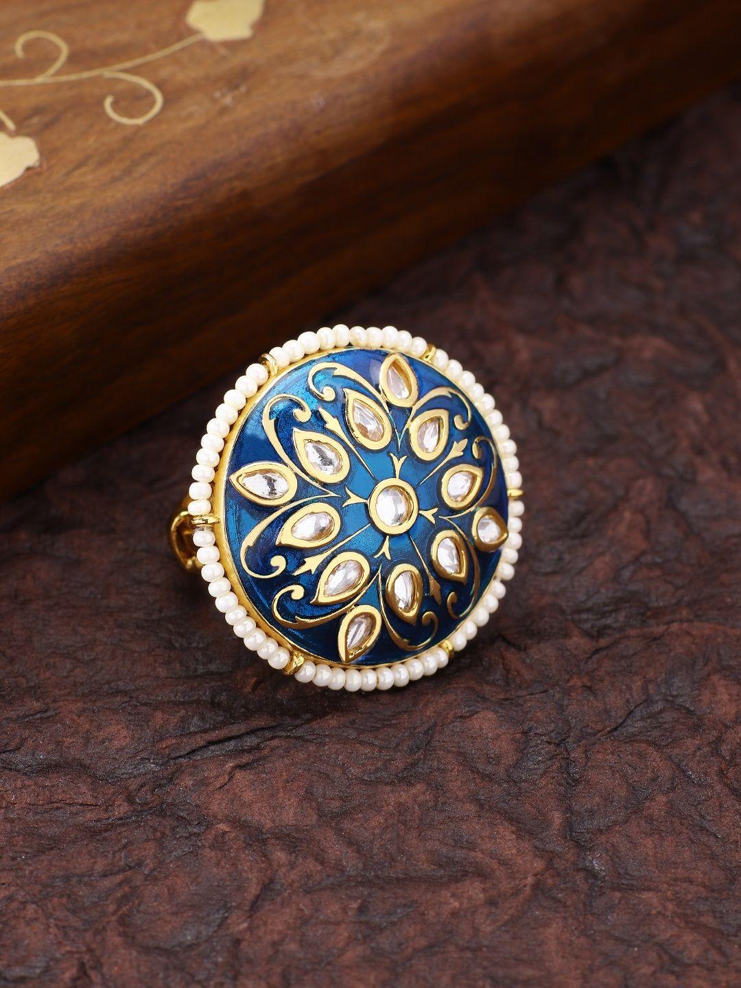 peora women 18k gold-plated navy blue meena work kundan & pearl-studded adjustable ring