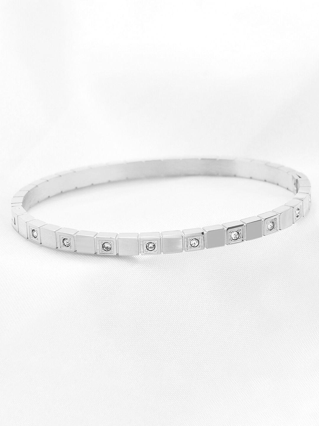peora women cubic zirconia studded silver-plated bangle-style bracelet