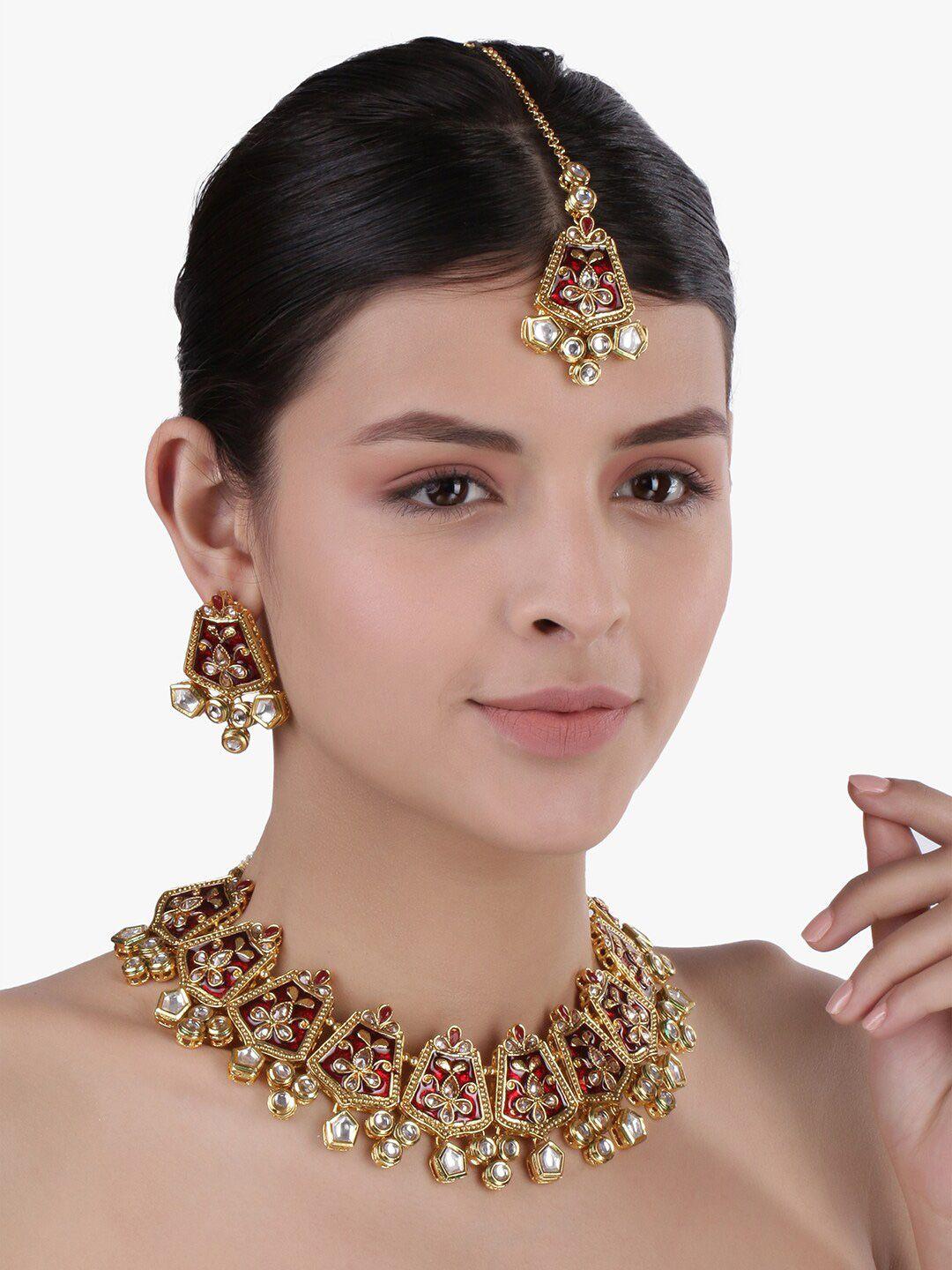 peora women gold-plated & red meenakari kundan-studded jewellery set