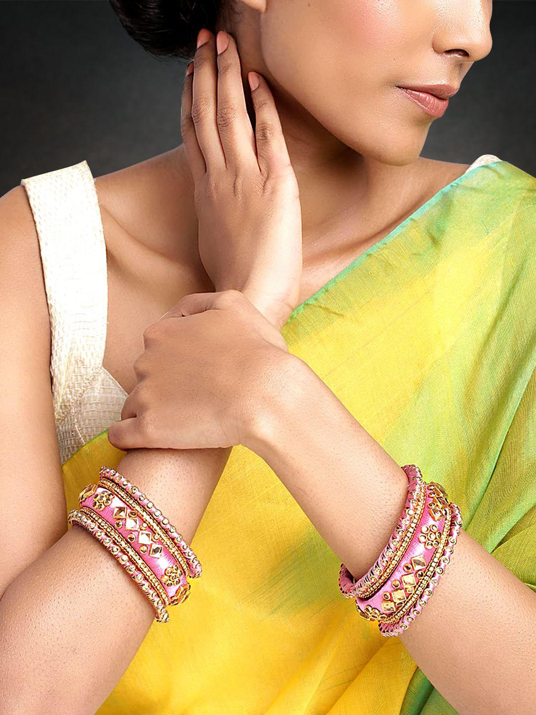 peora women gold-plated 18pcs kundan studded bangles set