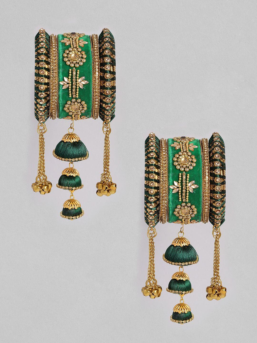 peora women gold-plated green silk thread hanging jhumka & kundan studded bangle set